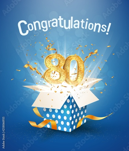 80 th years anniversary and open gift box with explosions confetti. Isolated design element. Template eighty birthday celebration on blue background vector Illustration