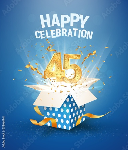 45 th years anniversary and open gift box with explosions confetti. Isolated design element. Template forty fifth birthday celebration on blue background vector Illustration