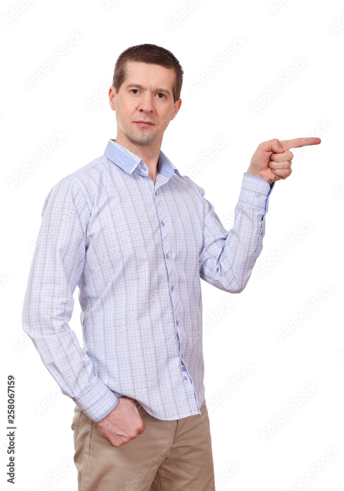The man in a shirt shows to the right The man in a shirt shows to the right