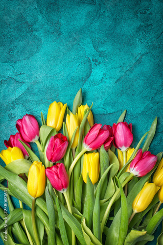Beautiful fresh yellow and pink tulips bouquet