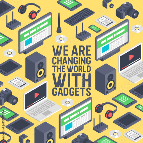 Gadget seamless pattern vector digital device with display of laptop tablet camera isometric illustration backdrop of electronic equipment virtual headset smartphone headphone background