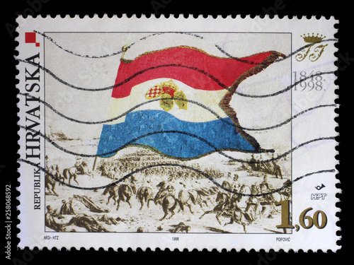 Stamp printed in Croatia shows The battle near Moor with the flag of ban Jelacic, circa 1998.