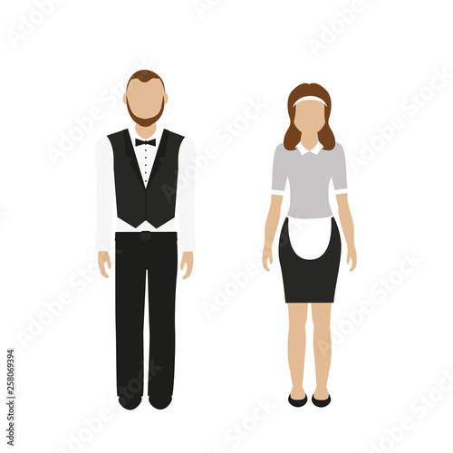 man and woman character butler and housemaid isolated on white background vector illustration EPS10