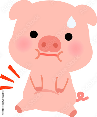 太って困っているブタのキャラクター