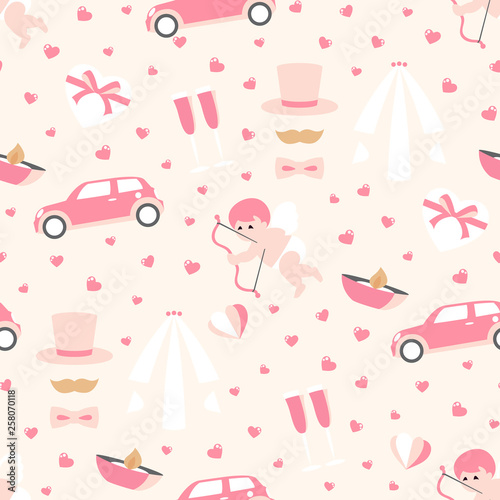 Wedding seamless pattern. Valentines background with falling red and pink paper hearts. Greeting wedding card.