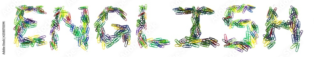 Word english made from color paper clips on a white isolated background