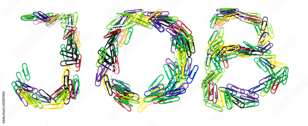 Word job made from color paper clips on a white isolated background