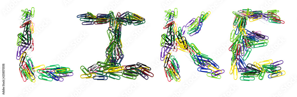 Word like made from color paper clips on a white isolated background