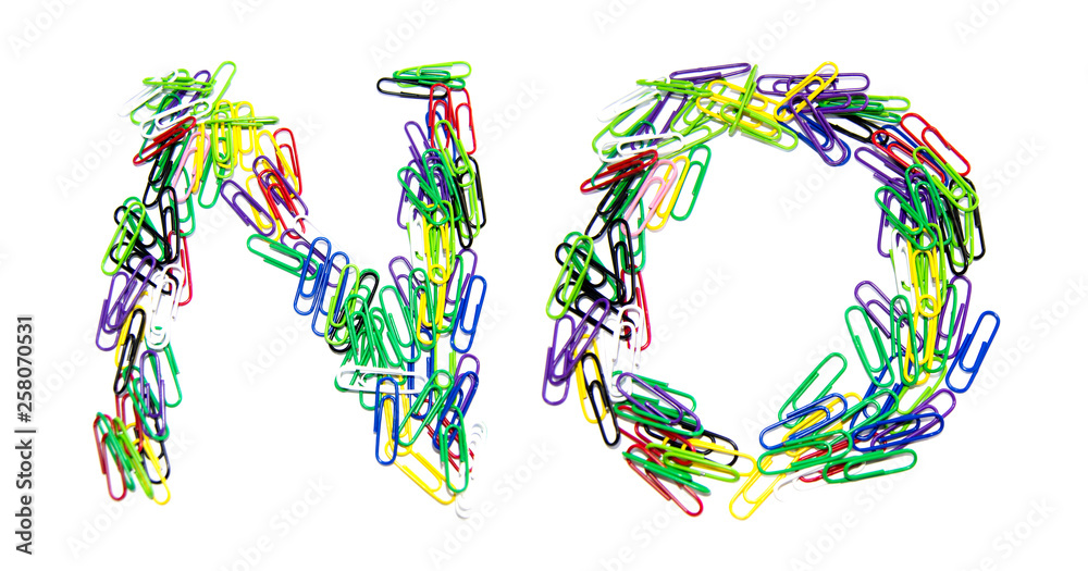 Word no made from color paper clips on a white isolated background