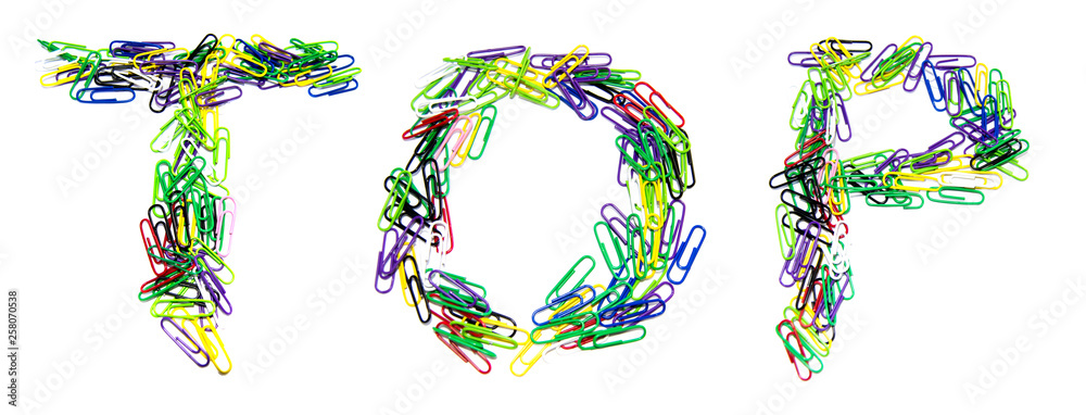Word top made from color paper clips on a white isolated background