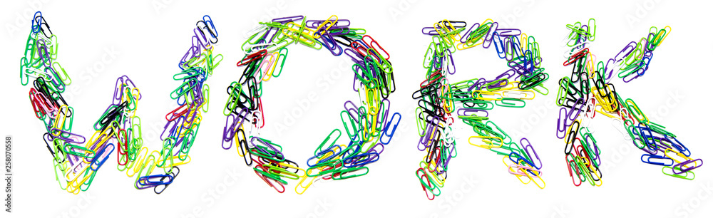 Word work made from color paper clips on a white isolated background