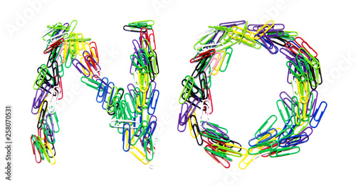 Obraz na płótnie Word no made from color paper clips on a white isolated background w salonie