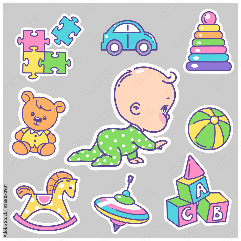 Fototapeta premium Vector collection of baby icons, stickers. Cute little baby boy or girl crawling., play with toys. Child in diaper with pyramid, ball, bear.