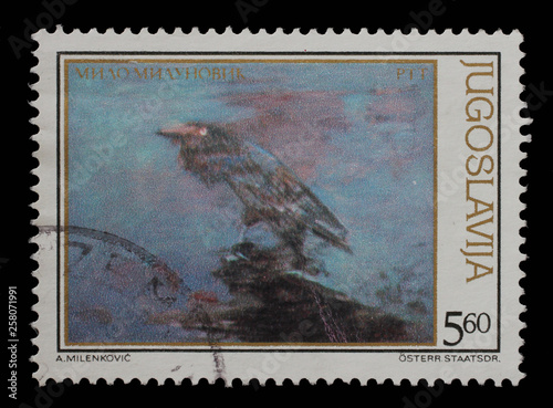 Stamp issued in Yugoslavia shows Bird by Milo Mulunovic, circa 1981.