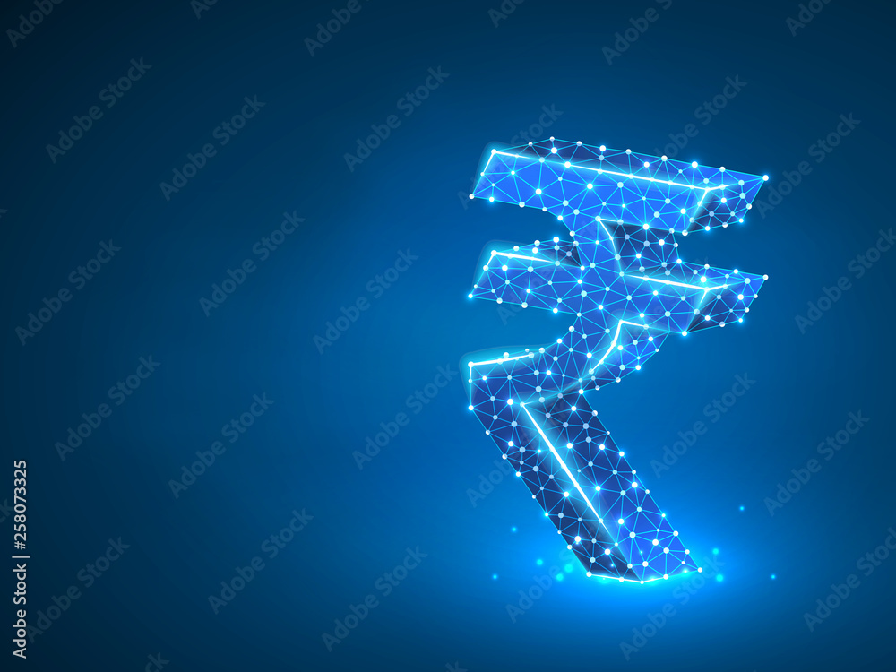 Rupee currency sign, digital neon 3d illustration. Polygonal Vector India money symbol. Business, data cash, finance concept. Low poly wireframe, triangle, lines, dots, polygons on blue background
