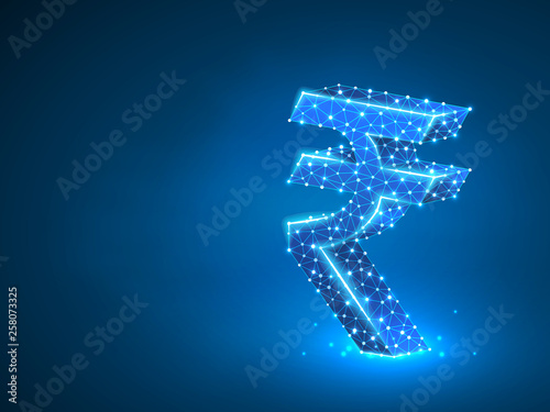Rupee currency sign, digital neon 3d illustration. Polygonal Vector India money symbol. Business, data cash, finance concept. Low poly wireframe, triangle, lines, dots, polygons on blue background