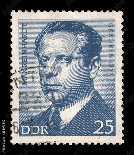 Stamp issued in Germany - Democratic Republic (DDR) shows Max Reinhardt (1873-1943), Austrian-born American theater and film director, intendant, and theatrical producer, circa 1973.; photo