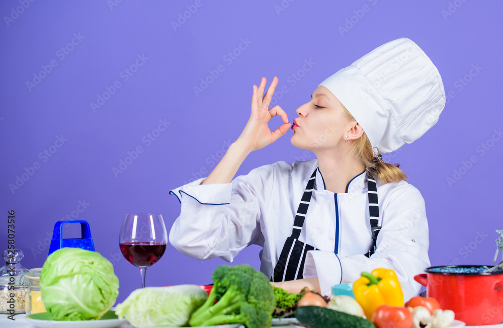 Best culinary recipes to try at home. Amazing taste. Turn ingredients into delicious meal. Culinary skills. Woman chef wear hat apron near table ingredients. Girl adorable chef teach culinary Best culinary recipes to try at home. Amazing taste. Turn ingredients into delicious meal. Culinary skills. Woman chef wear hat apron near table ingredients. Girl adorable chef teach culinary