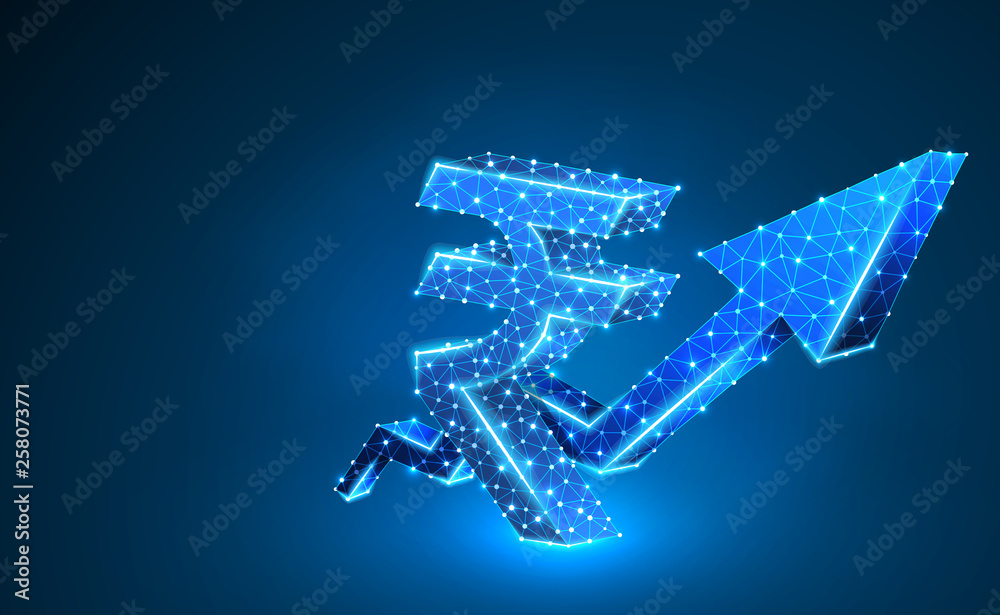 Growth arrow, Rupee currency sign, digital neon 3d illustration. Polygonal Raster business, success, data cash, finance concept. Low poly wireframe, triangle, lines, dots, polygons on blue background
