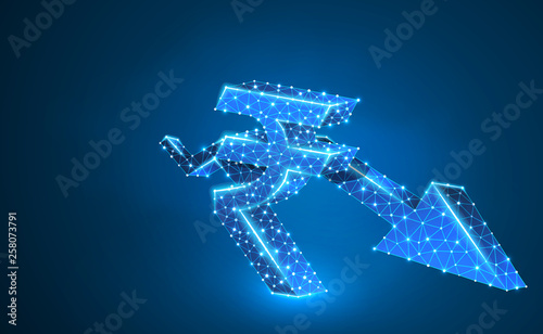 Downtrend arrow, Rupee currency, digital neon 3d illustration. Polygonal Raster business crisis, crash, data cash, finance concept. Low poly wireframe, triangle, lines, dots, polygons. Blue background