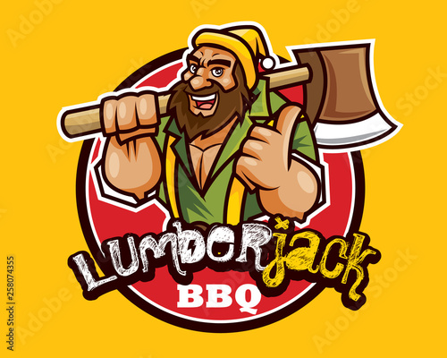 Cartoon lumberjack wears a beanie hat and holds a ax on shoulder. Bearded lumberjack woodcutter bbq with good hand sign - Vector