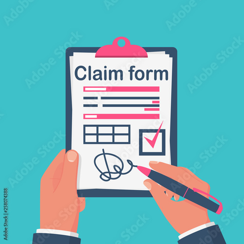 Businessman writes conclusion, report concept. Paperwork, sheets in folder. Holding the clipboard and pen in hand.Finally, outcome, result.Vector illustration flat design.Isolated on background. 