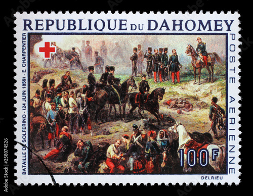 Stamp printed in Dahomey shows Battle of Solferino, by Charpentier, Red Cross series, circa 1968.