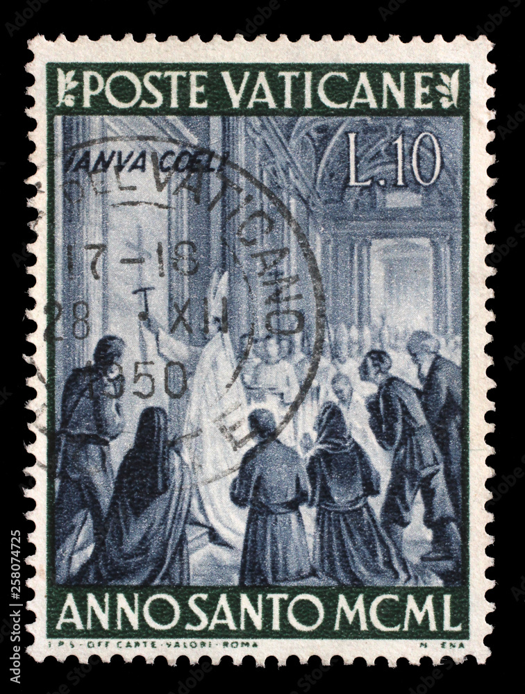 Stamp issued in Vatican shows Pope Pius XII opened the Holy Door, circa 1949.