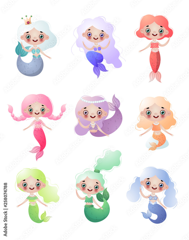 Flat Set of cute mermaids girls isolated on white background