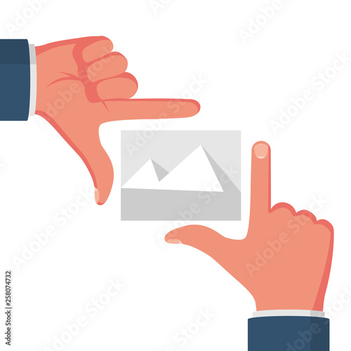 Hand frame isolated on white background. Vector illustration flat design. Two hands making gesture border frame. Space for the image, object, text. Showing photo.
