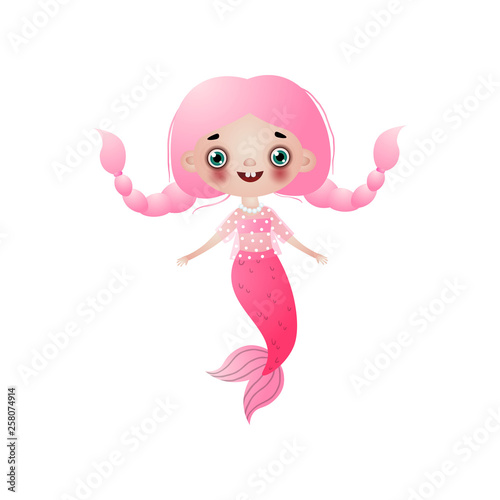 Cute smiling mermaid girl with pink long hair braided bunches isolated on white background