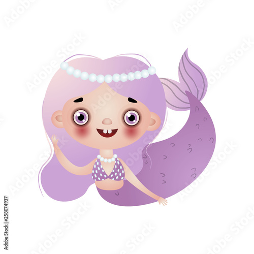 Cute smiling mermaid girl with violet long wavy hair and beads on head isolated on white background