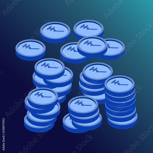 Isometric 3d Indian Rupee, golden coin stack, indian currency, infographic - vector illustratiom