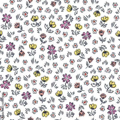 Cute ditsy abstract hand-drawn flowers on white background vector seamless pattern. Whimsical easter floral print.