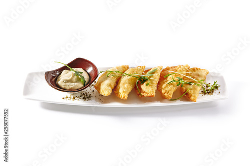 Hot Appetizers with Mini Chebureki, Cheese and Greens photo