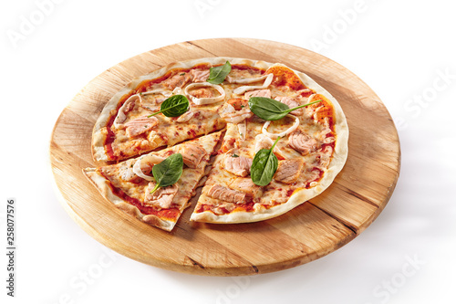 Hot Seafood Pizza on Wooden Plate Isolated