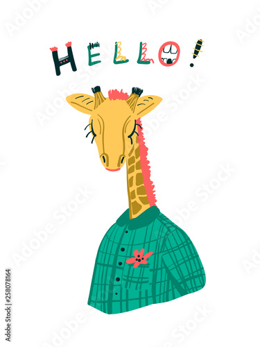 Funny cute giraffe in bright colorful clothes with the word " Hello!". Vector illustration for postcards, cards, posters, prints, etc.
