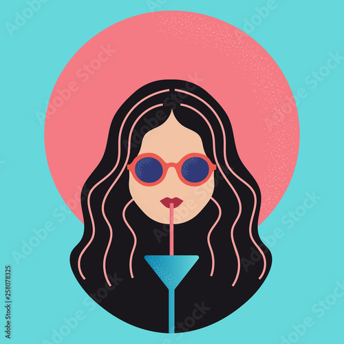 Woman with hat and sun glasses drinking cocktail vector icon illustration