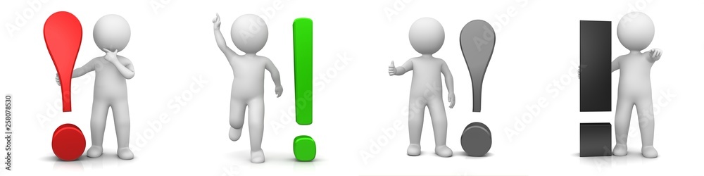 exclamation points mark 3d render sign symbol icons with hite stick figure men people isolated on white background exclamation points mark 3d render sign symbol icons with hite stick figure men people isolated on white background