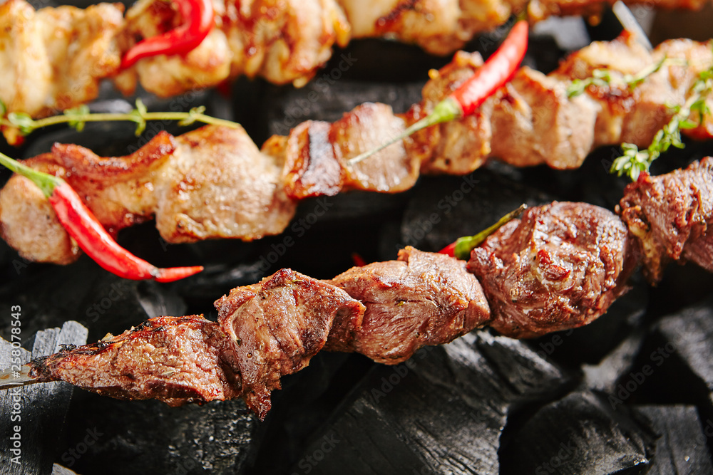Hot Grilled Lamb Kebab or Barbecue Shashlik on Charcoal Background with Herbs and Spices Closup