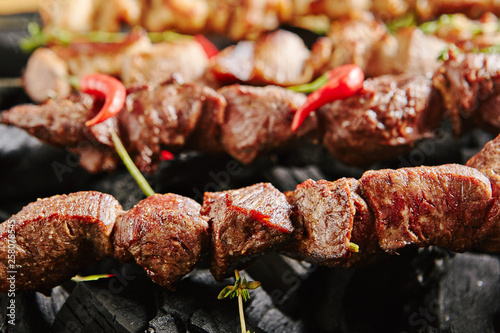Hot Grilled Beef Kebab or Barbecue Shashlik on Charcoal Background with Herbs and Spices Closup