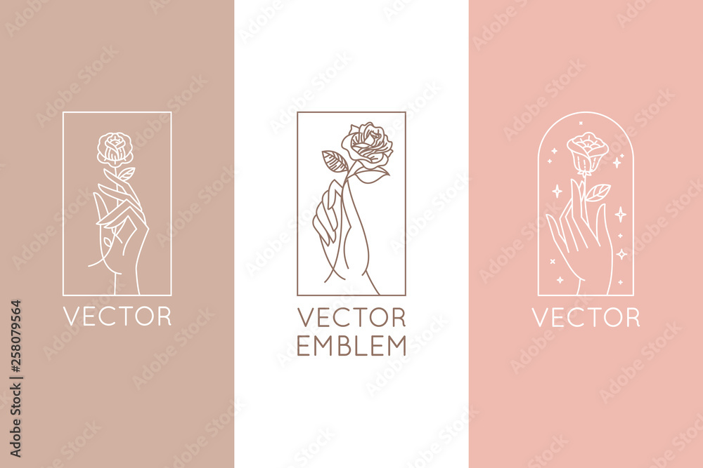 Vector abstract logo design template in trendy linear minimal style - hands with rose and stars