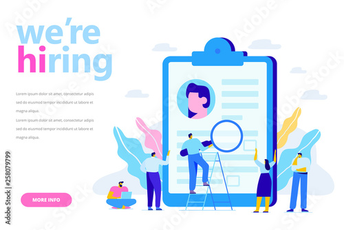 Recruitment and Employment concept. . Business people team analyzing resume. Flat vector illustration for web.