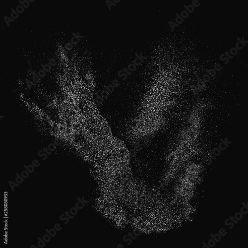 White Grainy Texture Isolated On Black Background. Dust Overlay. Light Coloured Noise Granules. Snow Vector Elements. Illustration, Eps 10.