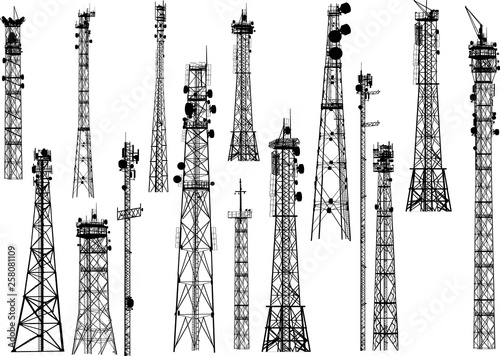 group with fifteen antenna towers on white