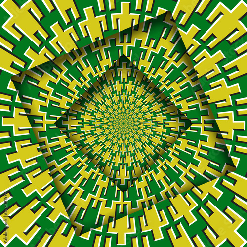 Abstract turned frames with a rotating yellow green men symbols pattern. Optical illusion hypnotic background.