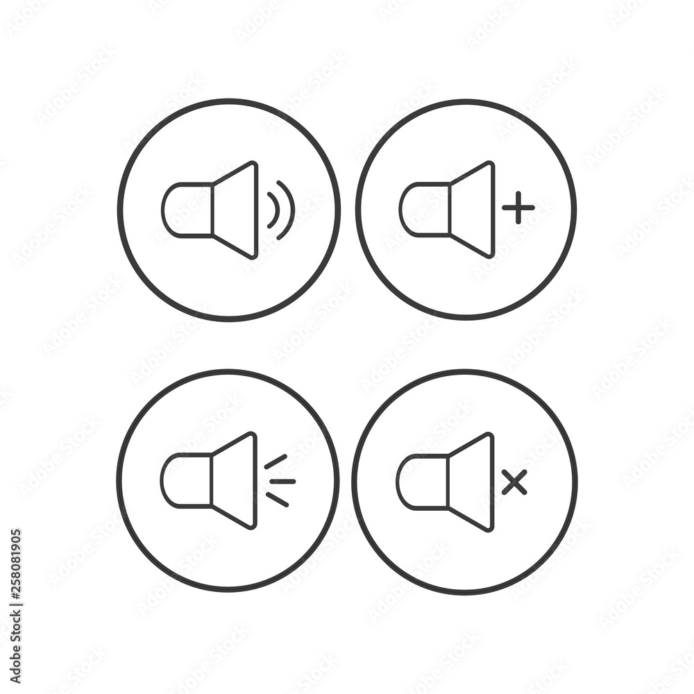 An icon that increases and reduces the sound. Icon showing the mute. A set of sound icons with different signal levels in a flat style. Vector. - Vector An icon that increases and reduces the sound. Icon showing the mute. A set of sound icons with different signal levels in a flat style. Vector. - Vector