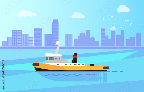 Small steamer with black chimney on calm water surface near big city with high skyscrapers vector illustration. Retro vessel out in sea.