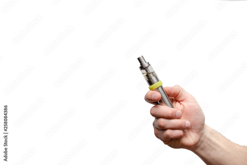 E-cigarette in male hand holding electronic cigarette or vape device iolated white background Stock Photo | Stock