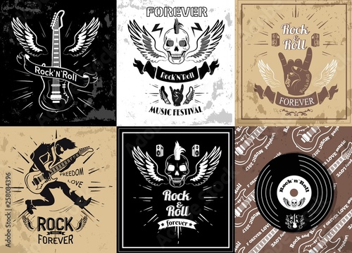 Rock and roll forever logotype sketches set vector illustration. Symbols of heavy metal music in retro style, skull and guitar, tattoo designs